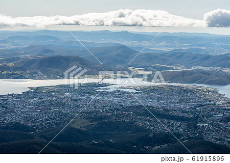 Aerial view of of Hobart the capital and most populous city of the Australian island state of Tasmania view from Mount Wellington. 61915896
