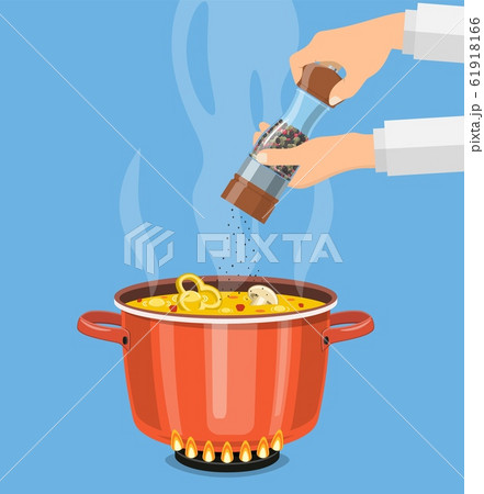 Chef cook with pepper mill and boiling pot Chef cook with pepper mill and boiling pot 61918166