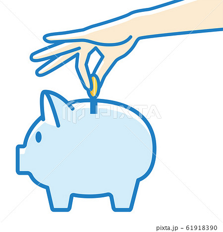 かわいいブタ 豚 の貯金箱と貯金する手のイラスト シンプル 貯金 節約のイメージ ベクターデータのイラスト素材