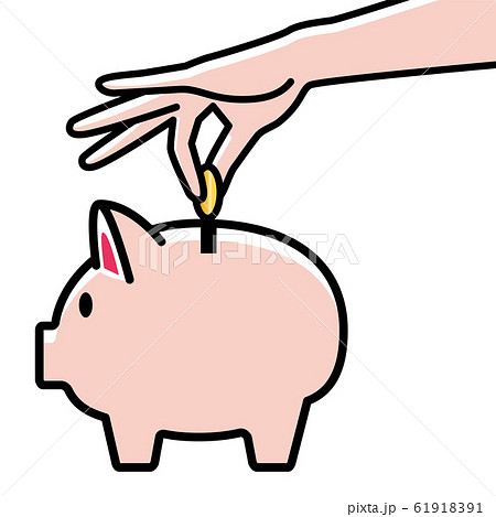 かわいいブタ 豚 の貯金箱と貯金する手のイラスト 貯金 節約のイメージ ベクターデータのイラスト素材