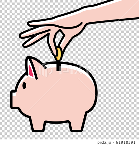 かわいいブタ 豚 の貯金箱と貯金する手のイラスト 貯金 節約のイメージ ベクターデータのイラスト素材