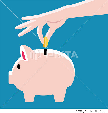 かわいいブタ 豚 の貯金箱と貯金する手のイラスト 背景有り 貯金 節約のイメージ ベクターデータのイラスト素材
