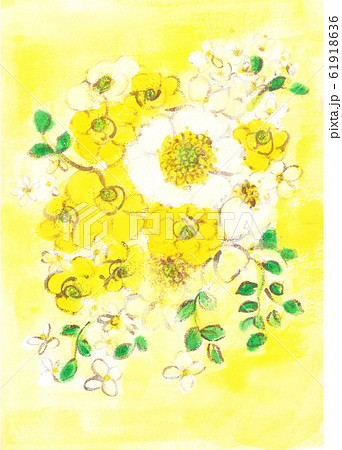 シュウメイギク 白いアネモネ と黄色のラナンキュラス 黄色の背景のイラスト素材
