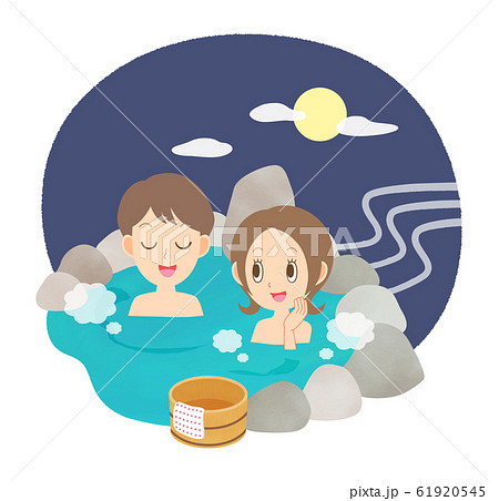 温泉 露天風呂 風呂 夫婦 カップル 夜 月見温泉のイラスト素材