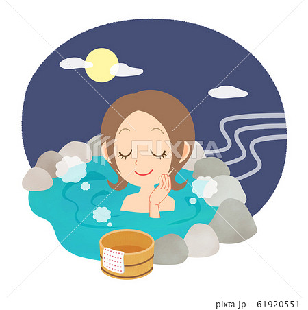 温泉 露天風呂 風呂 女性 夜 月見温泉のイラスト素材