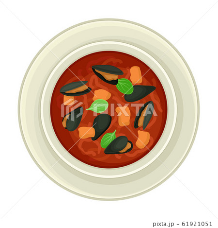 Cream Soup with Seafood Served in Bowl Top View Vector Illustration 61921051