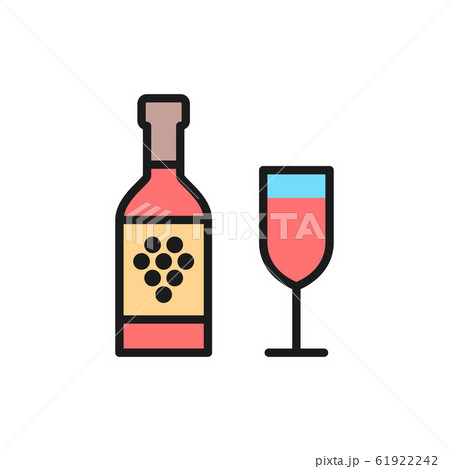 Bottle of wine with glass flat color line icon. Bottle of wine with glass flat color line icon. 61922242