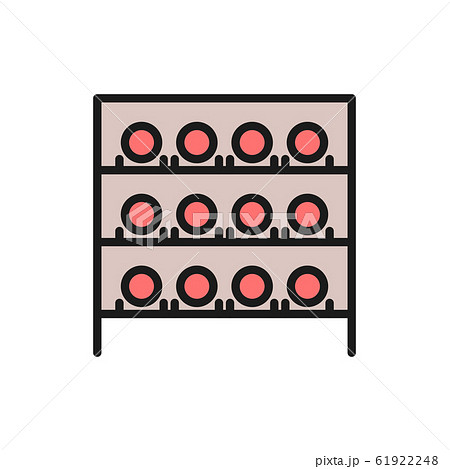 Wine cellar, bottles on the shelves, wine cabinet flat color line icon. Wine cellar, bottles on the shelves, wine cabinet flat color line icon. 61922248