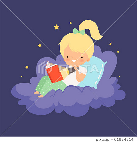 Cute Blonde Little Girl Sitting on a Cloud at Night Sky and Reading a Book Vector Illustration Cute Blonde Little Girl Sitting on a Cloud at Night Sky and Reading a Book Vector Illustration 61924514