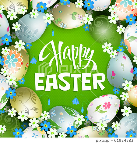 Easter composition with beautiful eggs and flowers drawn in a circle 61924532