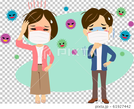 由於各種病毒(帶口罩)的影響而不適的男人和女人 由於各種病毒(帶口罩)的影響而不適的男人和女人 61927442