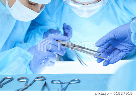 Close-up of medical team performing operation. Group of surgeons at work are busy of patient. Medicine, veterinary or healthcare and emergency in hospital 61927919