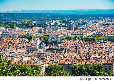 Lyon panorama elevated view on sunny day. Aerial panoramic view of Lyon with the skyline. Lyon Cityscape With City Hall And Opera Roofs. Lyon city in France 61929263