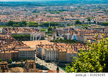 Lyon panorama elevated view on sunny day. Aerial panoramic view of Lyon with the skyline. Bellecour Square And Place Poncet, Lyon, France 61929295