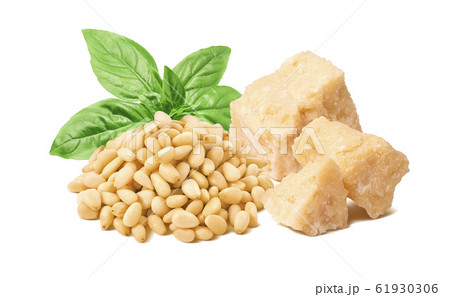 Set of pesto ingredients. Basil leaves, pine nuts Set of pesto ingredients. Basil leaves, pine nuts 61930306