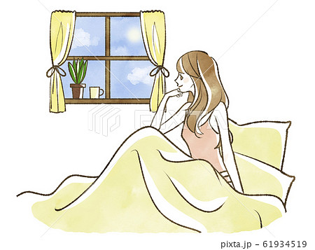 ベッドから窓の外を眺める女性 笑顔のイラスト素材