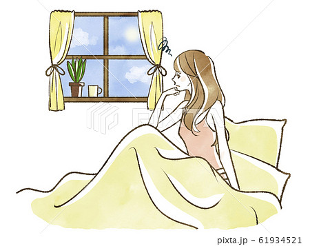 ベッドから窓の外を眺める女性 憂鬱のイラスト素材