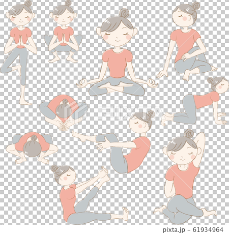 Yoga Pose Set Standing Tree Meditation Captive Pearl Shell Wreath Fish King Cow Face Boat Heron Pigeon Cat and Cow 61934964