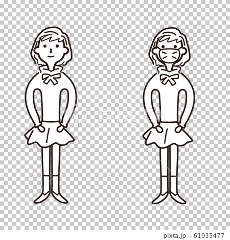 マスクを付けた少女 モノクロイラストのイラスト素材