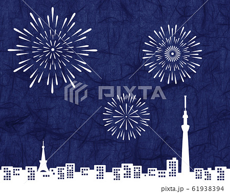 東京タワーとスカイツリーと花火 和紙のイラスト素材 東京タワーとスカイツリーと花火 和紙のイラスト素材