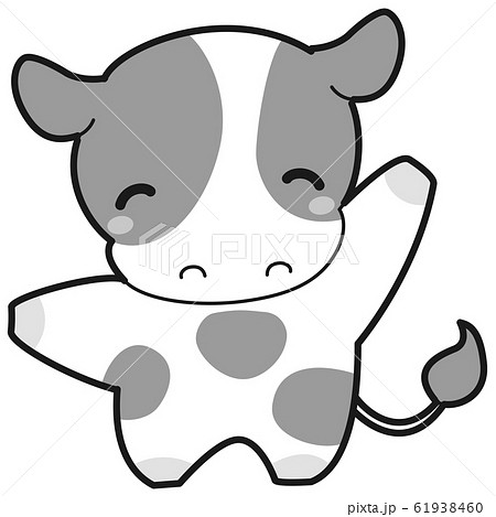 牛 キャラクター 笑顔 白黒のイラスト素材