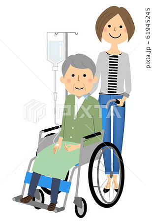 車椅子に乗る高齢者 介護者のイラスト素材