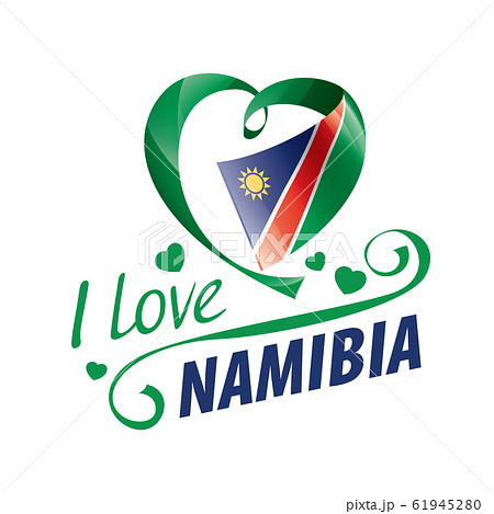 National flag of the Namibia in the shape of a heart and the inscription I love Namibia. Vector illustration 61945280
