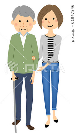 杖をつく高齢者 歩行介助 介護のイラスト素材