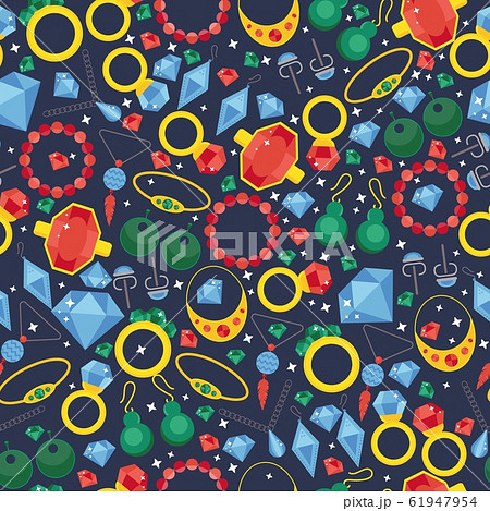 Jewelry seamless pattern, vector illustration. Sparkling diamonds and jewels with precious gemstones. Golden jewellery background in flat style. Beauty fashion accessories Jewelry seamless pattern, vector illustration. Sparkling diamonds and jewels with precious gemstones. Golden jewellery background in flat style. Beauty fashion accessories 61947954