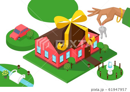 New home keys, isometric presentation, vector illustration. Geometric house, car and lawn, real estate advertisement campaign. Bank loan for new house purchase, hand holding keys New home keys, isometric presentation, vector illustration. Geometric house, car and lawn, real estate advertisement campaign. Bank loan for new house purchase, hand holding keys 61947957