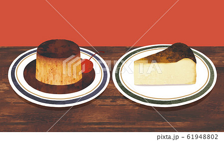 バスクチーズケーキとレトロなプリンのイラスト素材