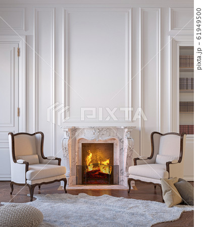 Classic white interior with fireplace, armchairs, moldings, wall pannel, carpet, fur. 3d render illustration mock up. 61949500