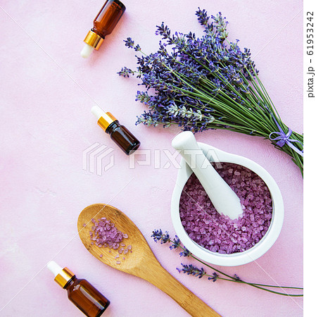 flat lay composition with lavender flowers and 61953242