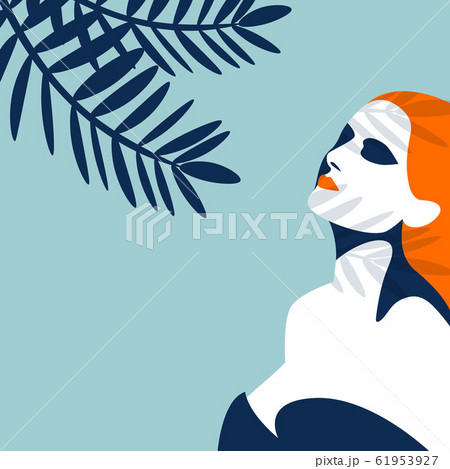 Retro holiday poster with a beautiful girl tanning in the shadow of palm tree. Holiday character 61953927