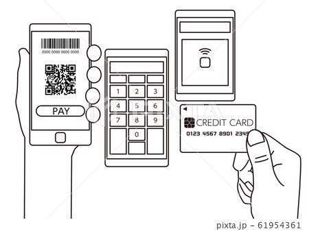 キャッシュレス決済に使えるクレジットカードとリーダー線画イメージのイラスト素材
