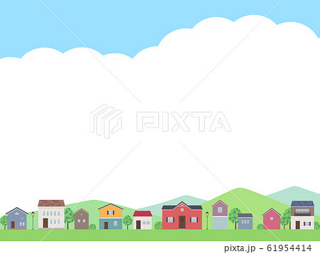 家の並んだ風景と空のフレームイラストのイラスト素材