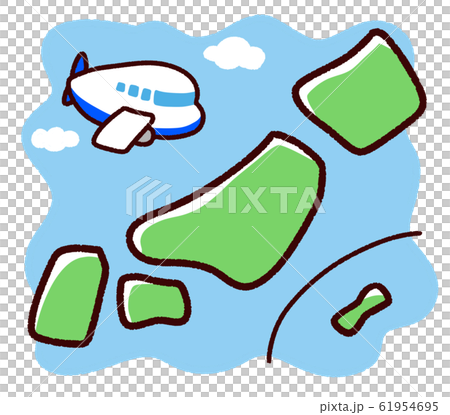 手描き風の日本列島と飛行機 海のイラスト素材