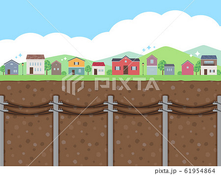 家の並んだ風景と電線地中化のイラスト素材