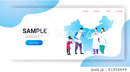 coronavirus infect control concept doctors in masks consulting illness father and daughter patients epidemic MERS-CoV floating influenza wuhan 2019-nCoV full length chinese map horizontal copy space 61956649