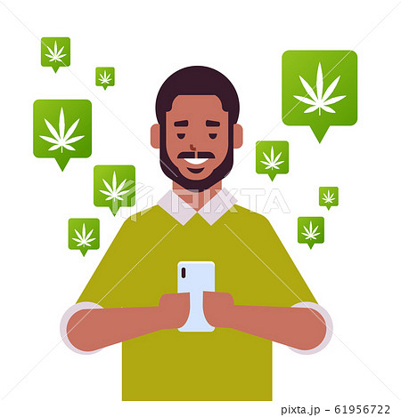 african american man ordering hemp cannabis marijuana using smartphone mobile app online buying drugs concept chat bubble social network communication portrait 61956722