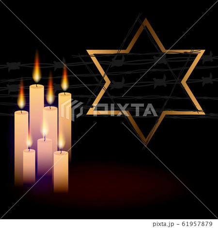 Jewish star with barbed wire and one candle, 61957879