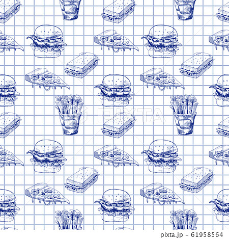 Hand drawn fast food pattern. Burger, pizza, french fries detailed illustrations. Great for school cafe menu or banner. Squared paper. 61958564