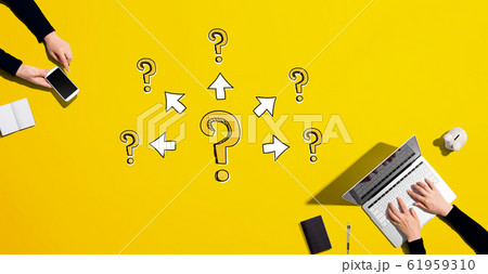 Big and small question marks with arrows with people working together Big and small question marks with arrows with people working together 61959310