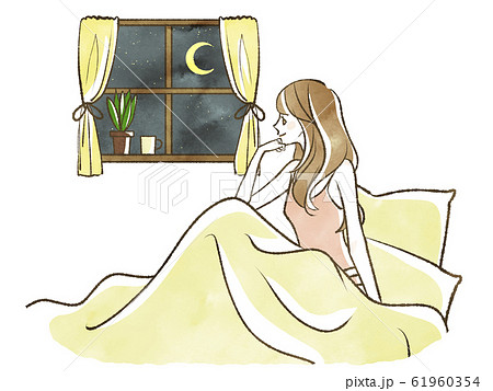 ベッドから窓の外を眺める女性 就寝前のイラスト素材