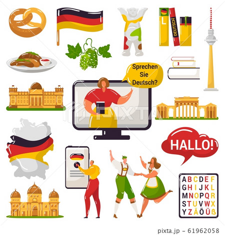 German learning and education or tourism, travel to Germany vector illustration set. 61962058
