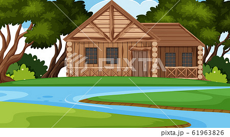 Scene with wooden cottage in the field 61963826