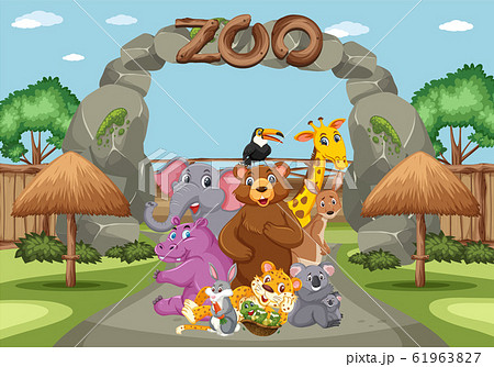 Scene with wild animals in the zoo at day time Scene with wild animals in the zoo at day time 61963827