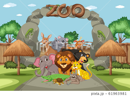 Scene with wild animals in the zoo at day time Scene with wild animals in the zoo at day time 61963981
