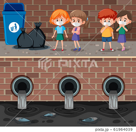 Four kids with mask standing by the dirty canel 61964039