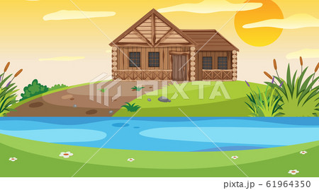 Scene with wooden cottage in the field at sunset 61964350
